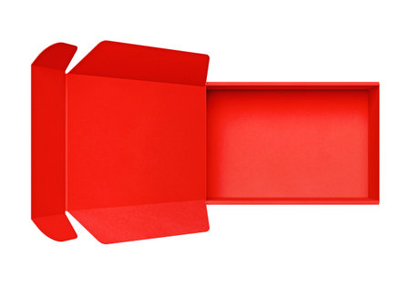 Open red Cardboard box isolated on a white backgroundの写真素材