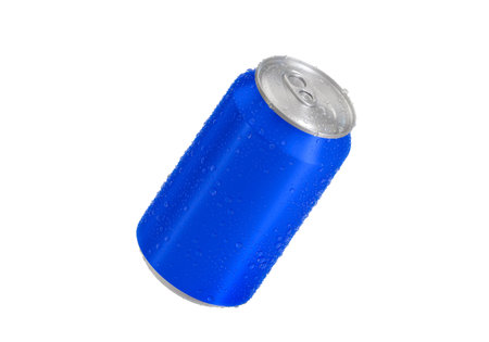 Blue Aluminum soda can with water drops isolated on white background