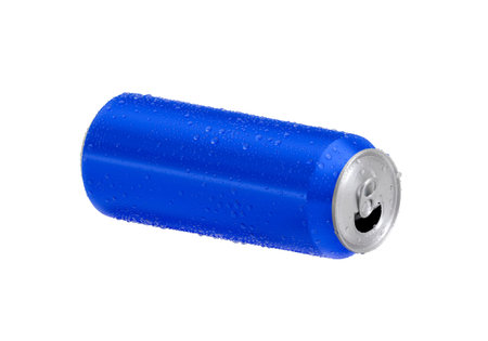 Open blue Aluminum soda can with water drops isolated on white background