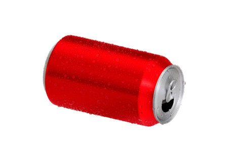 Open red Aluminum soda can with water drops isolated on white background