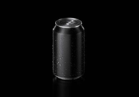 Aluminum black soda can covered in condensation, resting on black backgroundの写真素材