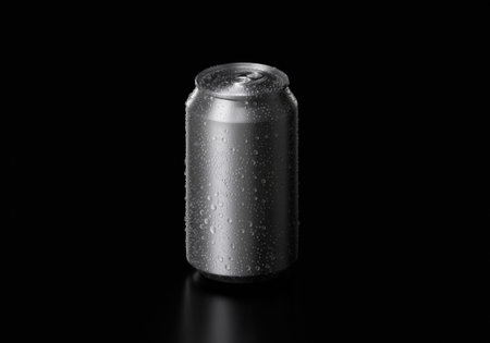 Aluminum silver soda can covered in condensation, resting on black backgroundの写真素材