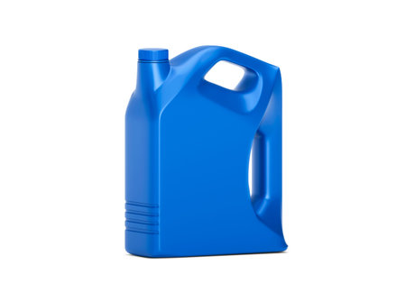 Empty blue plastic engine oil bottle, on white backgroundの写真素材