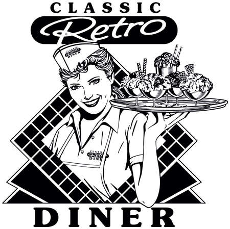 Retro Diner Waitress 2 - Classic Soda Shop Server with Tray of Ice Cream and Floats.のイラスト素材