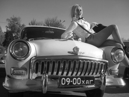 Vintage car & girlのeditorial素材