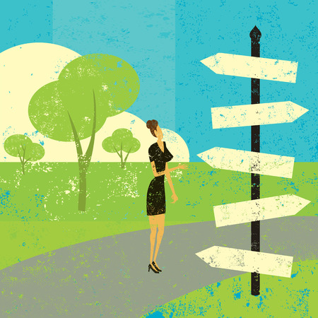 Choosing a destination, A woman looking at a road sign and wondering which way to go.のイラスト素材