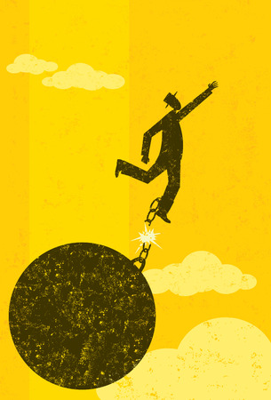 Breaking free from the ball and chain, A businessman escaping from his ball and chain. The man with ball & chain and the background are on separately labeled layers.のイラスト素材