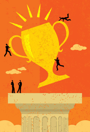 Business Team Success, A business team achieving their goal and placing their trophy atop a pedestal. The people & trophy and background are on separate labeled layers.のイラスト素材