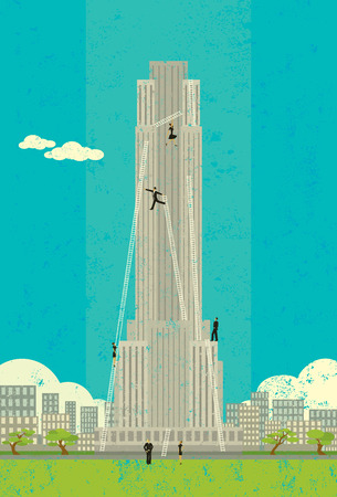 Climbing the Corporate Ladder, Business people taking various paths climbing the corporate ladder to the top. The people and ladders are on a separate labeled layer from the background.のイラスト素材