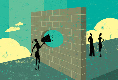 Shouting through a brick wall, A businesswoman overcoming a barrier to communicate with potential clients.  The people & brick wall and the background are on separate labeled layers.のイラスト素材