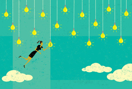 Choosing a Profitable Idea, There are lots of great ideas out there and choosing the most profitable one is a key to success. The woman, light bulbs, and clouds are on a separate labeled layer from the background.のイラスト素材
