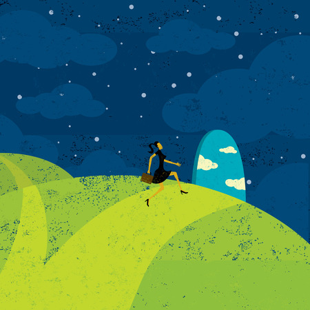 Path to New Opportunities, A businesswoman heading on a path to new opportunities. The woman is on a separate labeled layer from the background.のイラスト素材