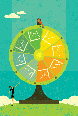 Financial Fortune Wheel, A businesswoman, uncertain of her companyのイラスト素材