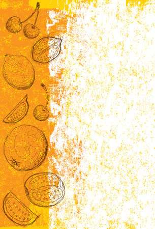 Mixed fruit background, Sketchy, hand drawn cherries, oranges, and limes over an abstract background. The artwork and background are on separately labeled layers.のイラスト素材