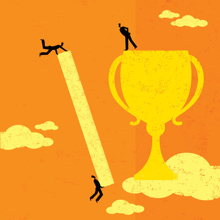 Measuring Success, A business team using a ruler to measure their trophy. The people & trophy and background are on separate labeled layers.のイラスト素材