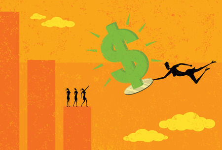 Profits on a Silver Platter, Businesswomen standing on a downward trending bar graph look up in amazement as one of their associates brings in new revenue on a silver platter. The people, dollar & silver platter are on a separate labeled layer from the baのイラスト素材