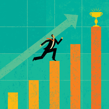 Striving for Higher Profits, A businessman striving to achieve his goal of higher profits. The man & bar graph and background are on separate labeled layers.のイラスト素材