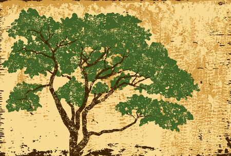 Oak tree textured, An oak tree over a distressed background. The tree and background are on separate labeled layers.のイラスト素材