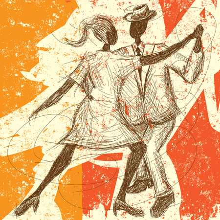 Tango Couple, A sketchy, hand-drawn couple dancing the tango over an abstract background.のイラスト素材