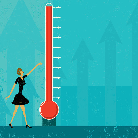 Goal Thermometer, A woman measuring the progress of a large fundraising thermometer. The level of mercury is easy to move up and down. The thermometer & woman and background are on separate labeled layers.のイラスト素材