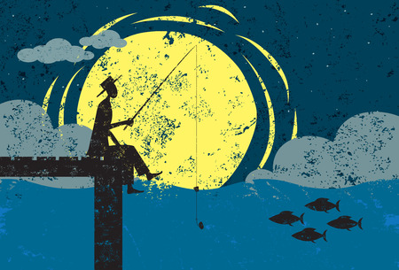 Fishing on a dock in moonlight, A man fishing on the end of a dock in the moonlight. The man, dock and fish are on a separate layer from the background.のイラスト素材