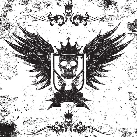 King Gangster Insignia, King of the gangsters insignia over an abstract background. A crowned skull with guns over a shills and wings. It also includes some ornate page rules. The artwork and background are on separate labeled layers.のイラスト素材