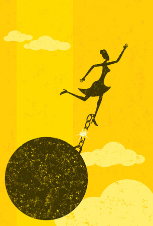 Breaking free from the ball and chain, A businesswoman escaping from her ball and chain. The woman with ball & chain and the background are on separately labeled layers. Breaking free from the ball and chain, A businesswoman escaping from her ball and chain. The woman with ball & chain and the background are on separately labeled layers.