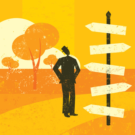 Choosing a destination, A man looking at a road sign and wondering which way to go.のイラスト素材
