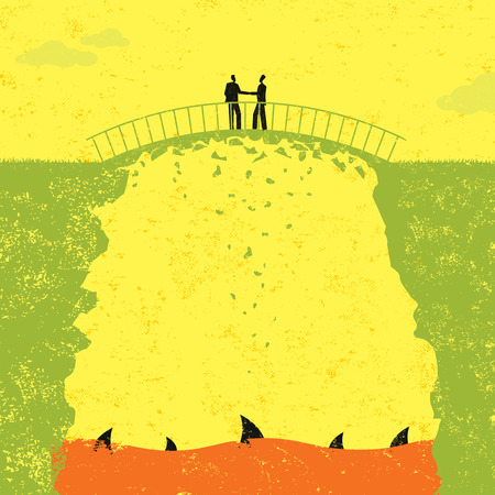 Two businessmen in a shaky business agreement. The sharks under the bridge are circling and ready to attack when the deal finally crumbles.のイラスト素材