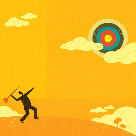 Aiming for a high target.
Businessman trying to hit a high target with a large dart to achieve his goal.のイラスト素材