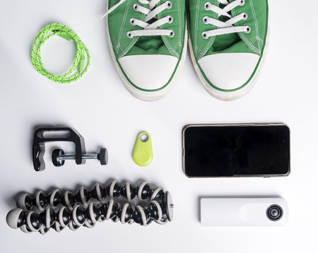 flatlay 360 panorama photographer elements over a white backgroundの写真素材