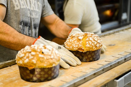 pastry chef in professional kitchen preparing and baking milanese panettone in christmas time....