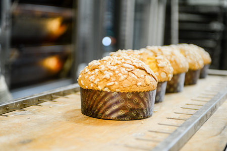 pastry chef in professional kitchen preparing and baking milanese panettone in christmas time....