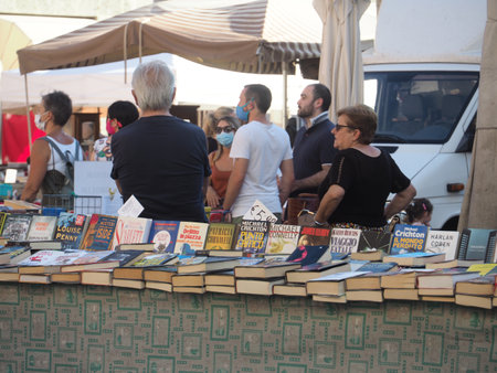 Cremona, Lombardy, Italy - 21st june 2020 - The First Sunday  flea antiques and Vanitas market opened this weekend and attracted customers even though the governor and state health officer concerns people from public gatherings  over coronavirus.のeditorial素材
