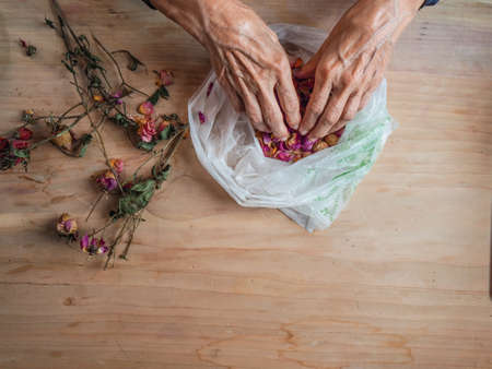 70 s elegant old senior lady working manually with sick wrinkled hands curing dried roses for home decoration hobby wearing a face mask for coronavirus protection.の写真素材