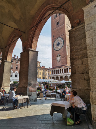 Cremona, Italy - July 202 Street open market re starts after coronavirus outbreak, social distancing rules.のeditorial素材