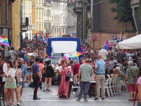 Cremona Pride, a rainbow city. The streets crowded with people celebrating on the day dedicated to claiming the rights of the LGBTQIA community.のeditorial素材