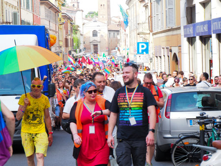 Cremona Pride, in rainbow city. The streets crowded with people celebrating on the day dedicated to claiming the rights of the LGBTQIA community.のeditorial素材