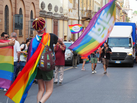 Cremona Pride, in rainbow city. The streets crowded with people celebrating on the day dedicated to claiming the rights of the LGBTQIA community.のeditorial素材