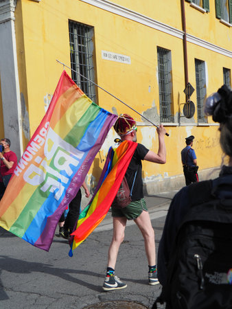 Cremona Pride, in rainbow city. The streets crowded with people celebrating on the day dedicated to claiming the rights of the LGBTQIA community.のeditorial素材