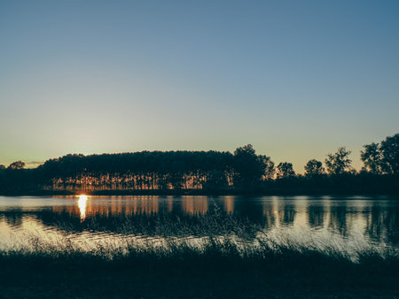 sunset in the Po river in Emilia Romagna, Italyのeditorial素材