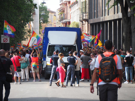 Cremona Pride, in rainbow city. The streets crowded with people celebrating on the day dedicated to claiming the rights of the LGBTQIA community.のeditorial素材