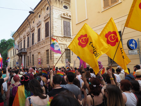 Cremona Pride, in rainbow city. The streets crowded with people celebrating on the day dedicated to claiming the rights of the LGBTQIA community.のeditorial素材
