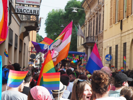 Cremona Pride, in rainbow city. The streets crowded with people celebrating on the day dedicated to claiming the rights of the LGBTQIA community.のeditorial素材