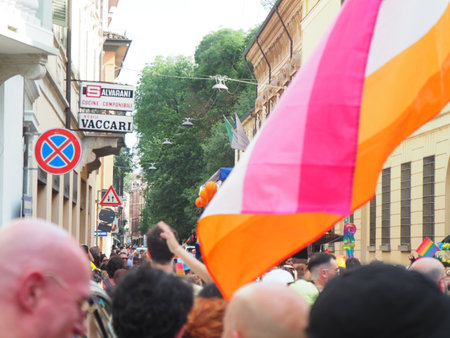 Cremona Pride, in rainbow city. The streets crowded with people celebrating on the day dedicated to claiming the rights of the LGBTQIA community.のeditorial素材
