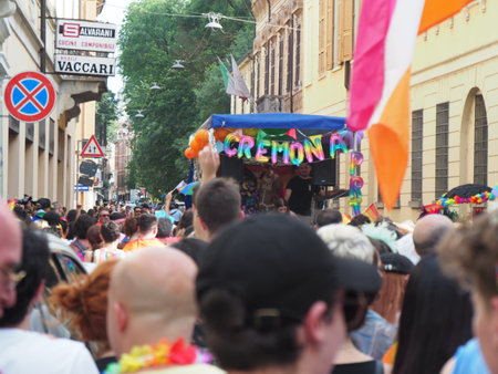Cremona Pride, in rainbow city. The streets crowded with people celebrating on the day dedicated to claiming the rights of the LGBTQIA community.のeditorial素材