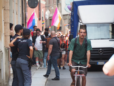 Cremona Pride, in rainbow city. The streets crowded with people celebrating on the day dedicated to claiming the rights of the LGBTQIA community.のeditorial素材