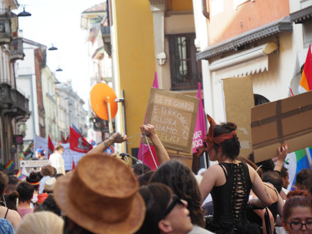 Cremona Pride, in rainbow city. The streets crowded with people celebrating on the day dedicated to claiming the rights of the LGBTQIA community.のeditorial素材
