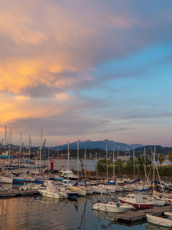 Panoramic view of La Spezia at sunsetの写真素材