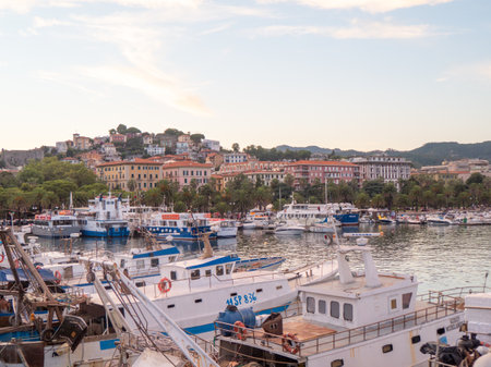 Panoramic view of La Spezia at sunsetの写真素材